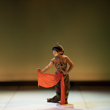 Eine Person tanzt allein auf einer Bühne mit warmem Licht. Sie trägt ein braunes Kleid mit goldenen Mustern und hält ein leuchtend rotes Tuch in einer anmutigen Pose.